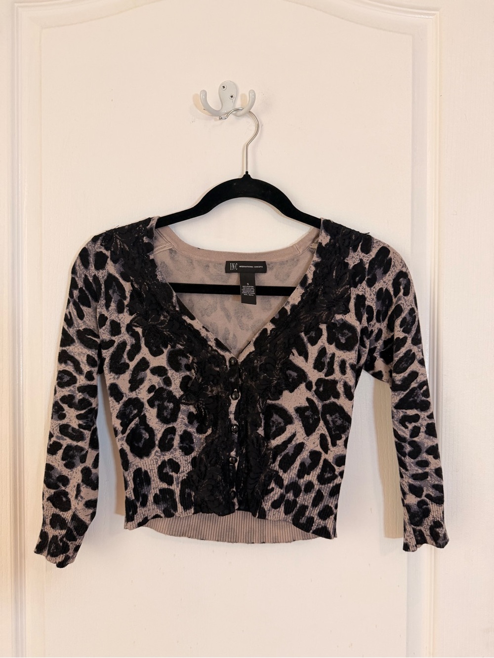 INC International Concepts Leopard Print Lace-Trim Button-Front Cardigan Sweater